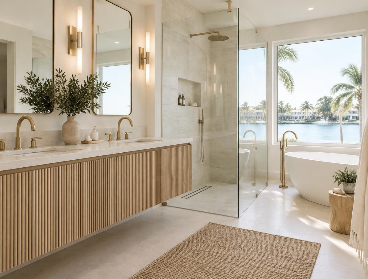 Bright spa bathroom with an oak vanity, walk-in shower and brass fixtures