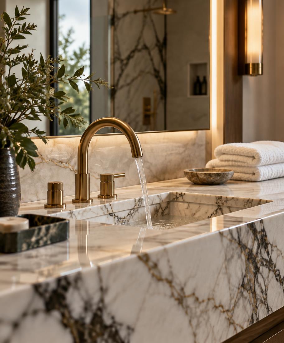 Close-up of a marble bathroom vanity with a brushed brass faucet
