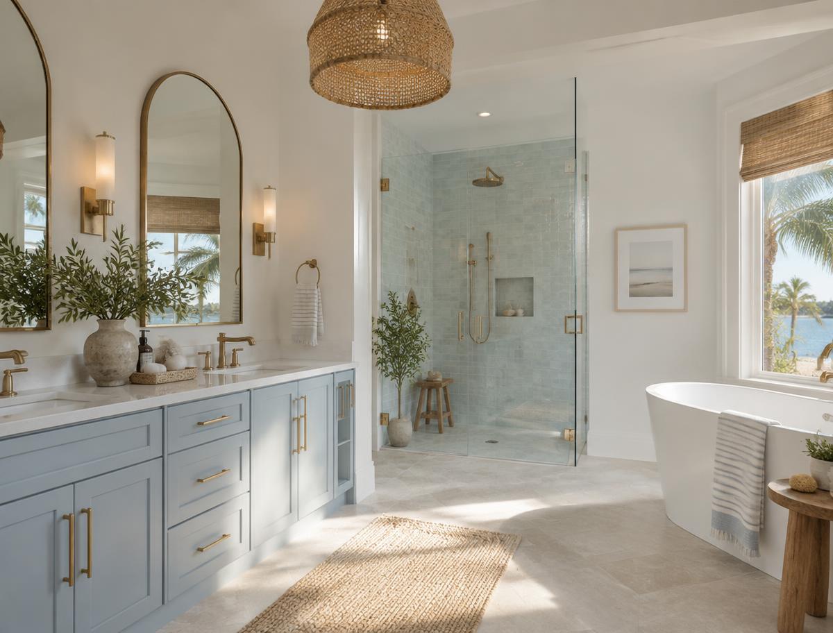 Coastal bathroom with a pale blue vanity, woven pendant and walk-in shower