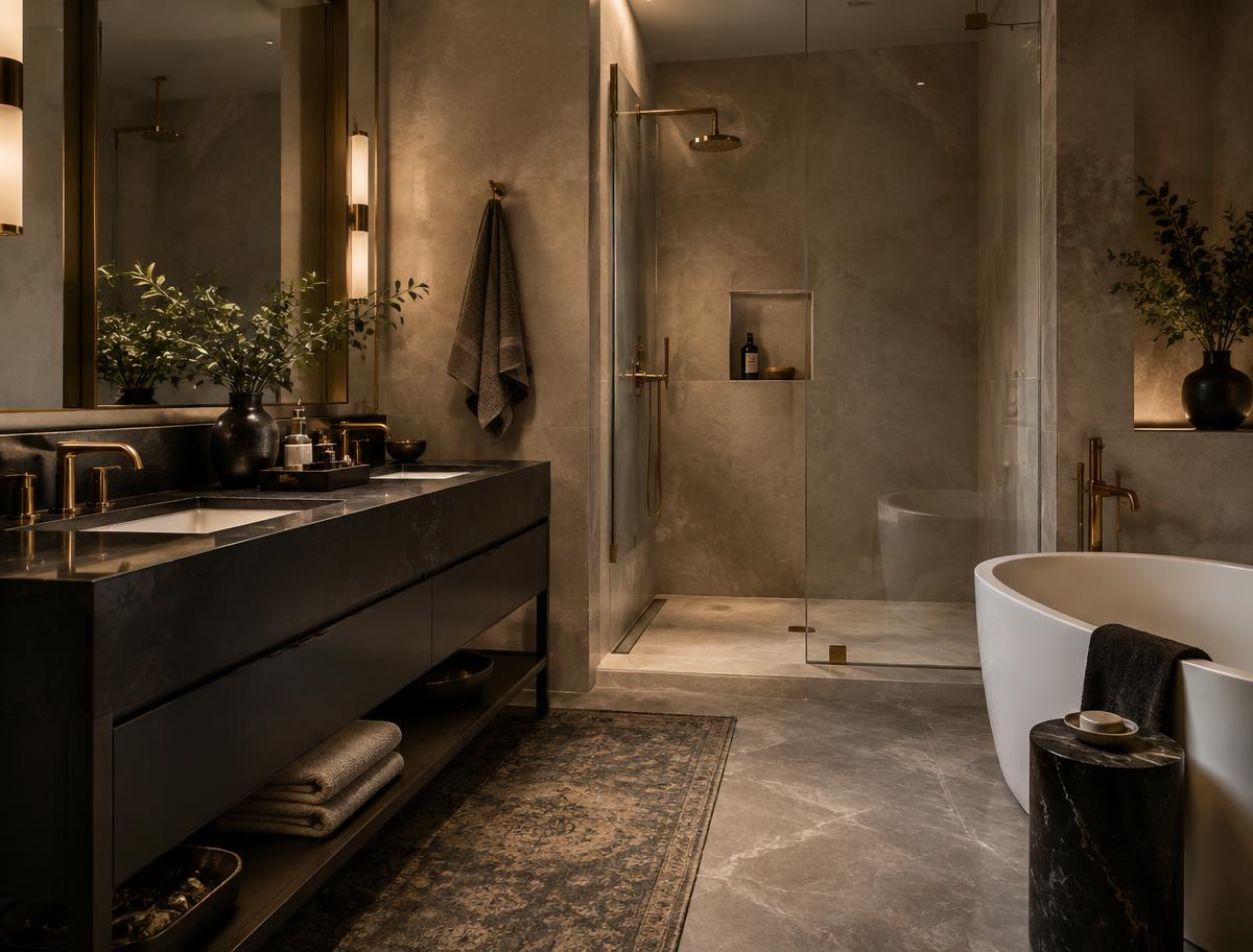 Contemporary bathroom with charcoal vanities and gold hardware