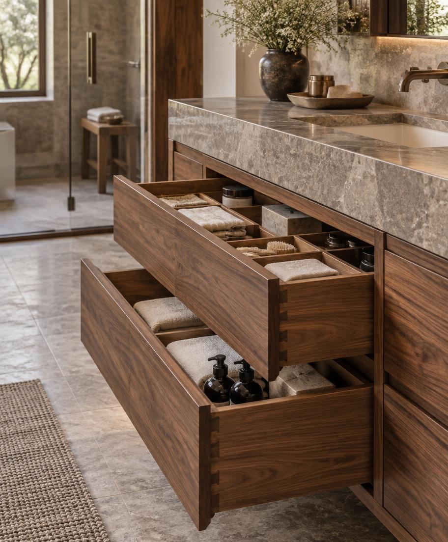 Custom walnut bathroom vanity with organized pull-out drawers