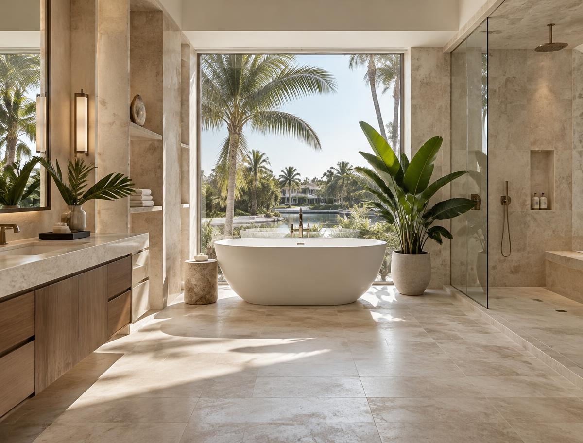 Expansive Texas primary bathroom with a freestanding tub and garden views