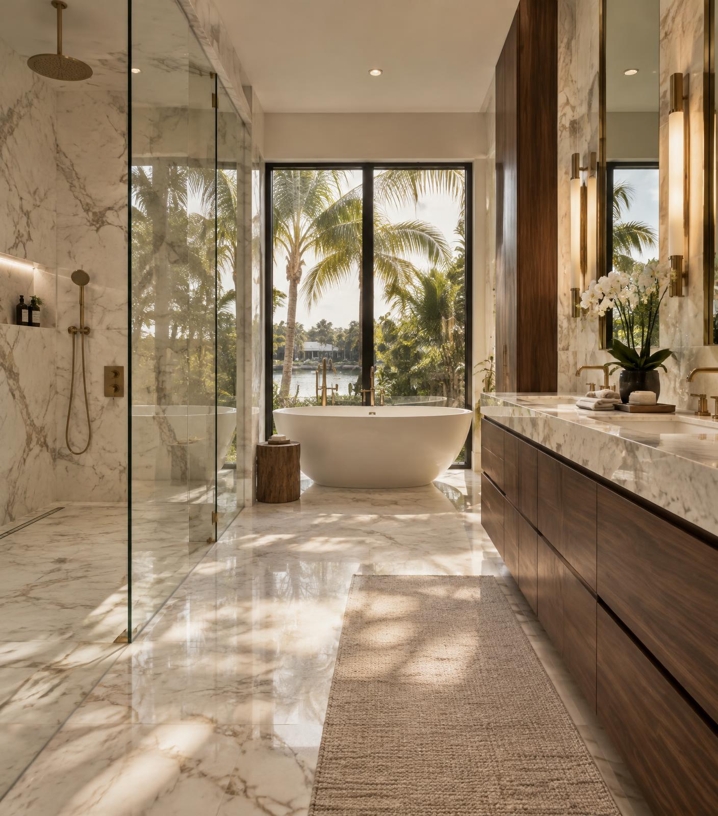 Newly remodeled luxury Texas bathroom with marble, walnut vanity and a freestanding tub