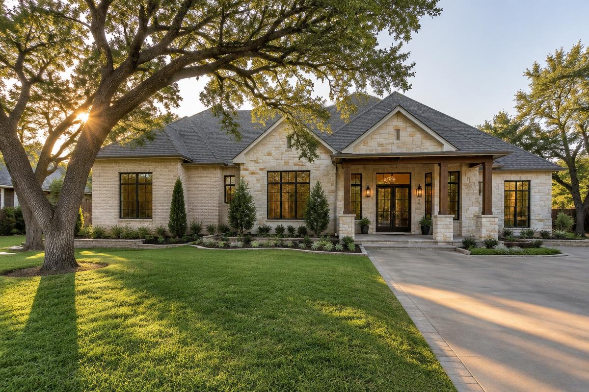 Texas home exterior with mature oak trees on a sunny late afternoon